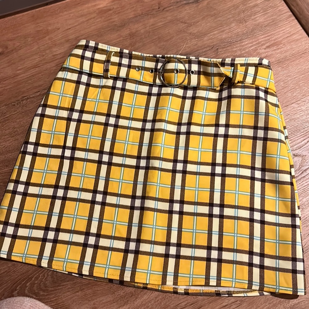Yellow Plaid Mini Skirt With Belt